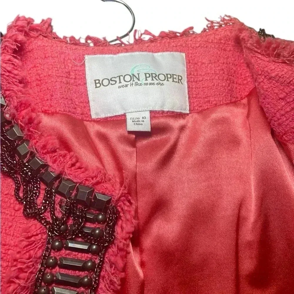 Boston Proper Coral Tweed Blazer Size 10 Chain Trim Embellished Cotton Jacket